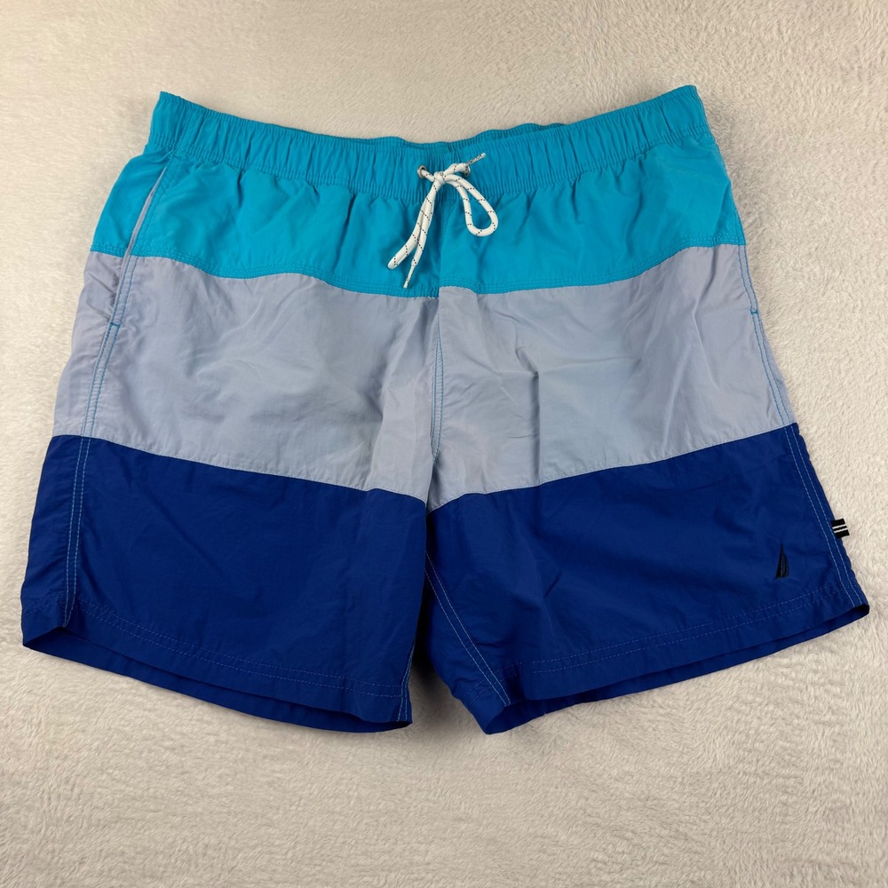 Nautica Swim Trunks Mens XL Blue Color Block Mesh Lined Drawstring Board Shorts